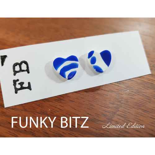 Funky Bitz | Polymer Clay | Moroccan Inspired Blue and White Heart Studs