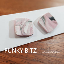 Load image into Gallery viewer, Funky Bitz | Polymer Clay Earrings | Dusty Pink Black and White Pearl Shimmer Square Earrings Close Up