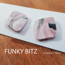 Load image into Gallery viewer, Funky Bitz | Polymer Clay Earrings | Dusty Pink Black and White Pearl Shimmer Square Earrings Close Up 1