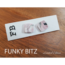 Load image into Gallery viewer, Funky Bitz | Polymer Clay Earrings | Dusty Pink Black and White Pearl Shimmer Square Earrings
