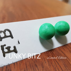 Funky Bitz | Polymer Clay Earrings | Mint Glittery Sphere Studs Close Up