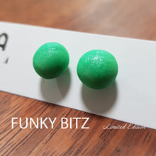 Load image into Gallery viewer, Funky Bitz | Polymer Clay Earrings | Mint Glittery Sphere Studs Close Up 1
