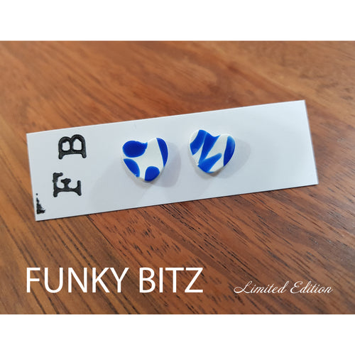 Funky Bitz | Polymer Clay Earrings | White and blue heart shaped earrings