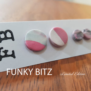 Funky Bitz | Polymer Clay Earrings | Pink and White Circle Stud Duo Pack Close Up