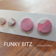 Load image into Gallery viewer, Funky Bitz | Polymer Clay Earrings | Pink and White Circle Stud Duo Pack Close Up 2