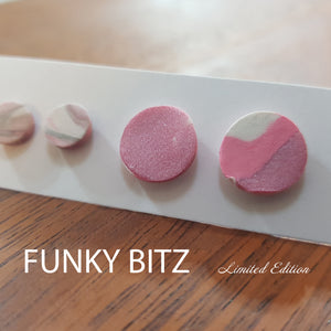 Funky Bitz | Polymer Clay Earrings | Pink and White Circle Stud Duo Pack Close Up 2
