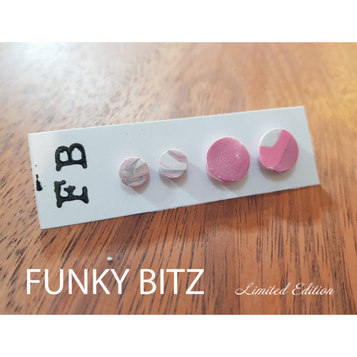 Funky Bitz | Polymer Clay Earrings | Pink and White Circle Stud Duo Pack
