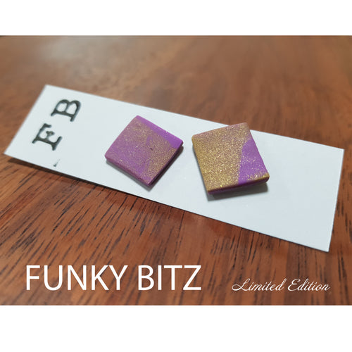 Funky Bitz | Polymer Clay Earrings | Purple and Gold Flat Square Earrings