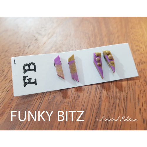 Funky Bitz | Polymer Clay Earrings | Long Purple and Gold Stainless Steel Earrings