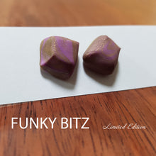 Load image into Gallery viewer, Funky Bitz | Polymer Clay Earrings | Glittery Purple and Gold Chunky Square Studs Close Up