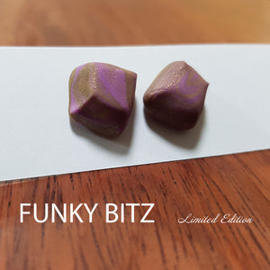 Funky Bitz | Polymer Clay Earrings | Glittery Purple and Gold Chunky Square Studs Close Up