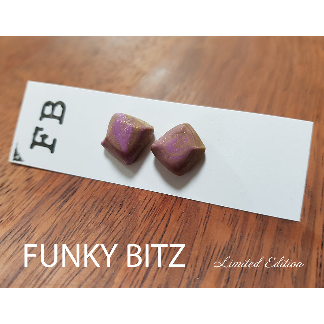 Funky Bitz | Polymer Clay Earrings | Glittery Purple and Gold Chunky Square Studs
