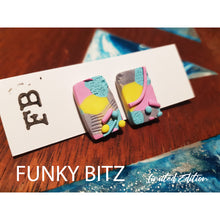 Load image into Gallery viewer, Rectangle blue pink and yellow sprinkle earrings