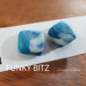 Funky Bitz | Polymer Clay Earrings | Chunky Teal and Pearl White Shimmer Square Earrings Close Up