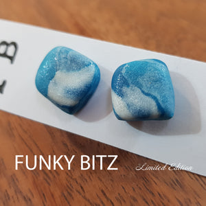 Funky Bitz | Polymer Clay Earrings | Chunky Teal and Pearl White Shimmer Square Earrings Close Up 1