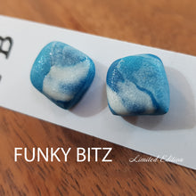Load image into Gallery viewer, Funky Bitz | Polymer Clay Earrings | Chunky Teal and Pearl White Shimmer Square Earrings Close Up 2