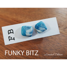 Load image into Gallery viewer, Funky Bitz | Polymer Clay Earrings | Chunky Teal and Pearl White Shimmer Square Earrings Hero Image