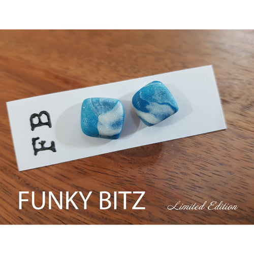 Funky Bitz | Polymer Clay Earrings | Chunky Teal and Pearl White Shimmer Square Earrings Hero Image