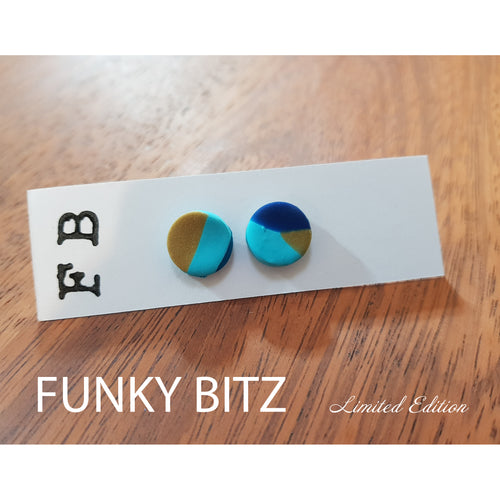 Funky Bitz | Polymer Clay Earrings | Teal earrings with gold and blue splices