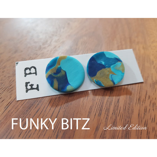 Funky Bitz | Polymer Clay Earrings | Teal, blue and shimmer gold circle stud earrings