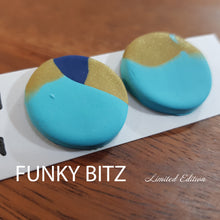 Load image into Gallery viewer, Funky Bitz | Polymer Clay Earrings | Mostly Teal with a Splash of Golden Shimmer and Blue Earrings 1