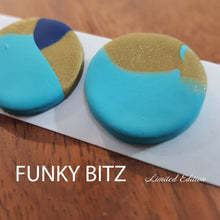 Load image into Gallery viewer, Funky Bitz | Polymer Clay Earrings | Mostly Teal with a Splash of Golden Shimmer and Blue Earrings 2