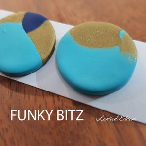 Funky Bitz | Polymer Clay Earrings | Mostly Teal with a Splash of Golden Shimmer and Blue Earrings 2