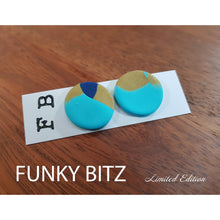 Load image into Gallery viewer, Funky Bitz | Polymer Clay Earrings | Mostly Teal with a Splash of Golden Shimmer and Blue Earrings