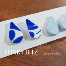 Load image into Gallery viewer, Funky Bitz | Polymer Clay Earrings | Tear drop moroccan blue and white earring duo pack close up