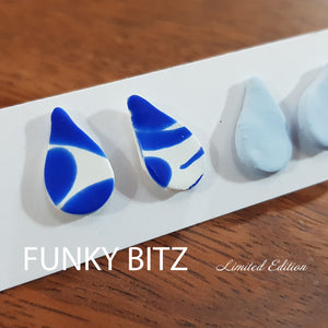 Funky Bitz | Polymer Clay Earrings | Tear drop moroccan blue and white earring duo pack close up