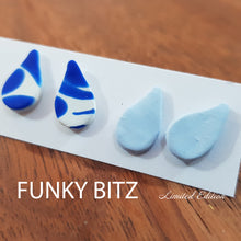 Load image into Gallery viewer, Funky Bitz | Polymer Clay Earrings | Tear drop moroccan blue and white earring duo pack close up 2