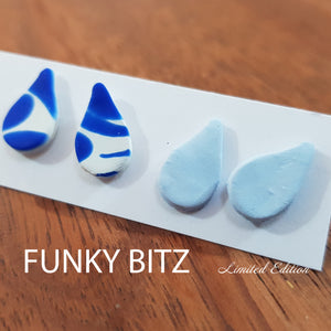 Funky Bitz | Polymer Clay Earrings | Tear drop moroccan blue and white earring duo pack close up 2