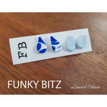 Load image into Gallery viewer, Funky Bitz | Polymer Clay Earrings | Tear drop moroccan blue and white earring duo pack