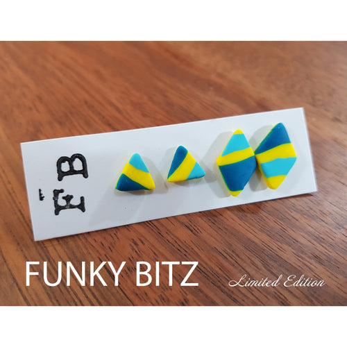 Funky Bitz | Polymer Clay Studs | Yellow and blue striped triangle and diamond duo earrings