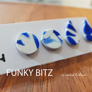 Funky Bitz | Polymer Clay Earrings | White and blue patterned tear drop and circle studs close up