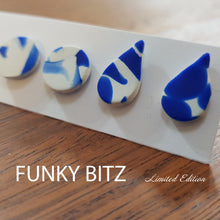 Load image into Gallery viewer, Funky Bitz | Polymer Clay Earrings | White and blue patterned tear drop and circle studs close up 2