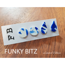 Load image into Gallery viewer, Funky Bitz | Polymer Clay Earrings | White and blue patterned tear drop and circle studs