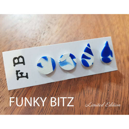 Funky Bitz | Polymer Clay Earrings | White and blue patterned tear drop and circle studs