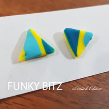 Load image into Gallery viewer, Funky Bitz | Polymer Clay Earrings | Yellow and blue striped triangle flat studs close ups
