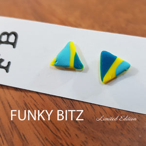 Funky Bitz | Polymer Clay Earrings | Yellow and blue striped triangle flat studs close up 2