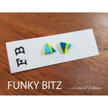 Load image into Gallery viewer, Funky Bitz | Polymer Clay Earrings | Yellow and blue striped triangle flat studs