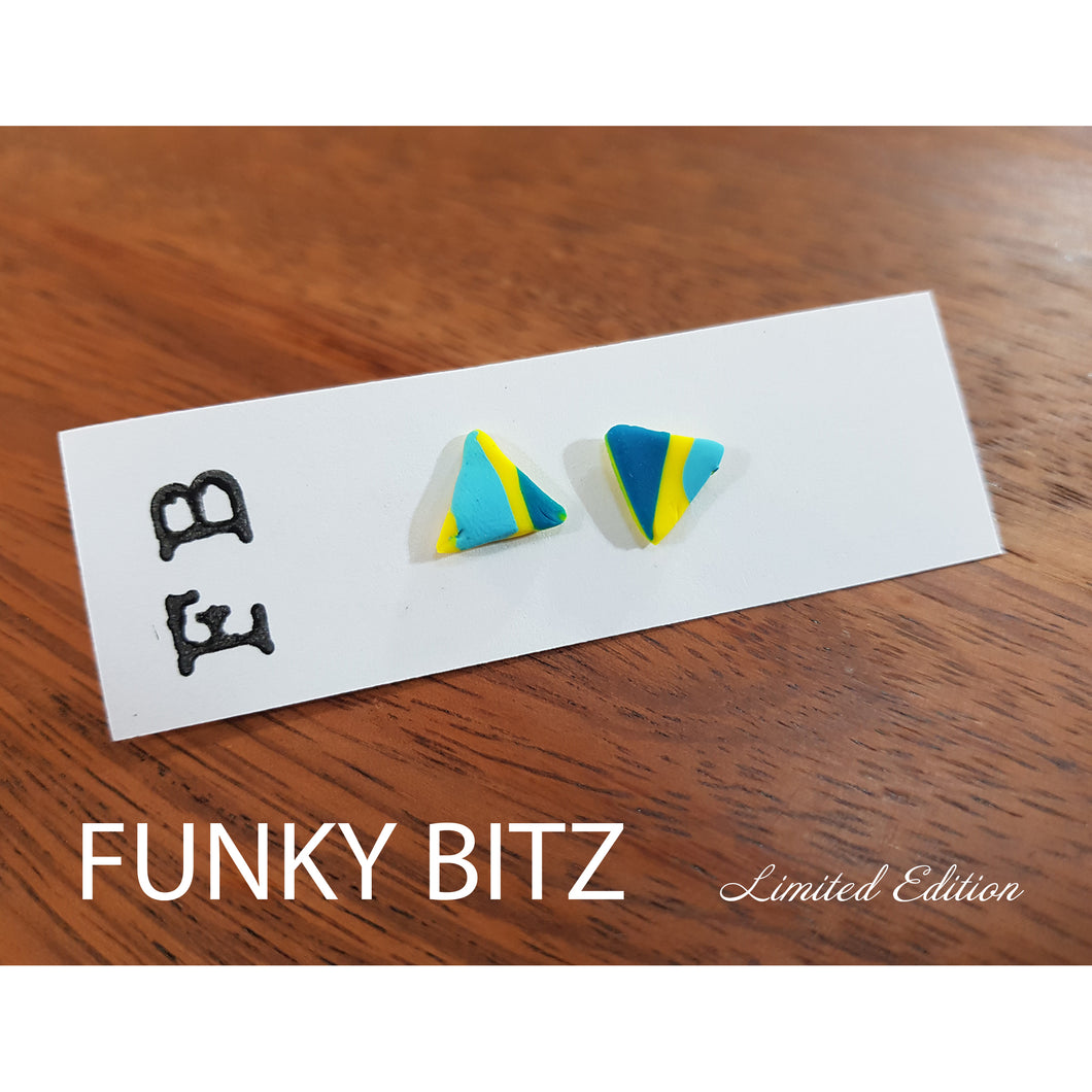 Funky Bitz | Polymer Clay Earrings | Yellow and blue striped triangle flat studs