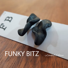 Load image into Gallery viewer, Funky Bitz | Polymer Clay Earrings | Black Glittery Twist Close Up 3