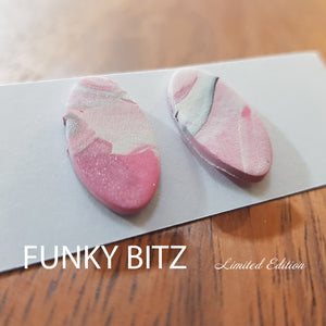 Funky Bitz | Polymer Clay Earrings | Long Oval Pink White and Black Marbled Earrings Close Up