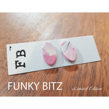 Load image into Gallery viewer, Funky Bitz | Polymer Clay Earrings | Long Oval Pink White and Black Marbled Earrings Hero Image