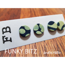 Load image into Gallery viewer, Circle navy and pale shimmery lime dotted earring pack