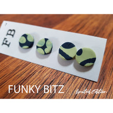 Load image into Gallery viewer, Circle navy and pale shimmery lime dotted earring pack