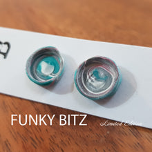 Load image into Gallery viewer, Funky Bitz | Polymer Clay Earrings | Swirl marbled blue pink and white earrings close up 2
