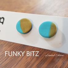 Load image into Gallery viewer, Funky Bitz | Polymer Clay Earrings | Half Teal Half Gold Shimmer Circle Studs Close Up