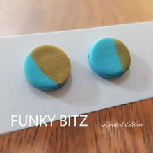 Load image into Gallery viewer, Funky Bitz | Polymer Clay Earrings | Half Teal Half Gold Shimmer Circle Studs Close Up 1